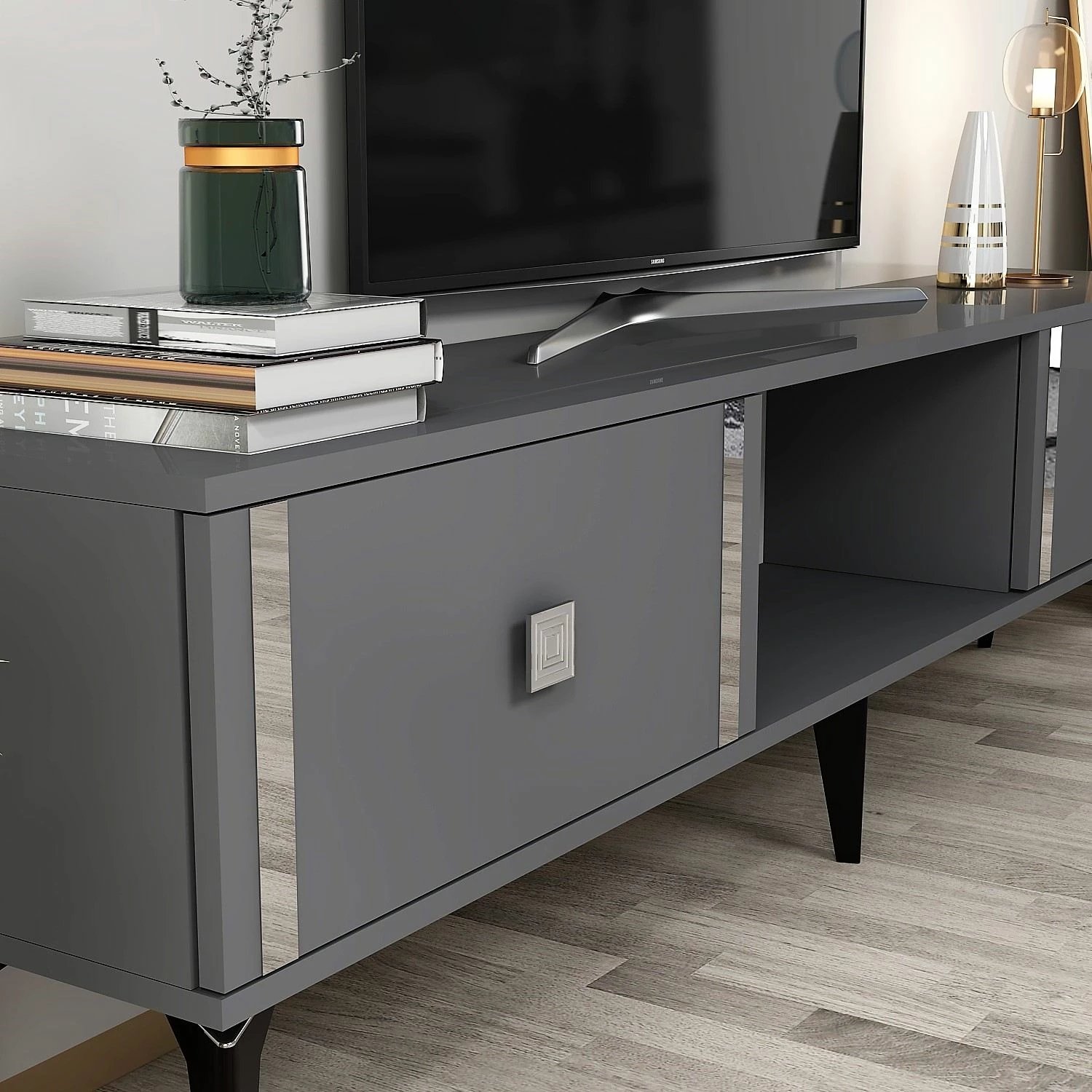 Komodë për TV Skye Decor, Doruk, antracit, argjend