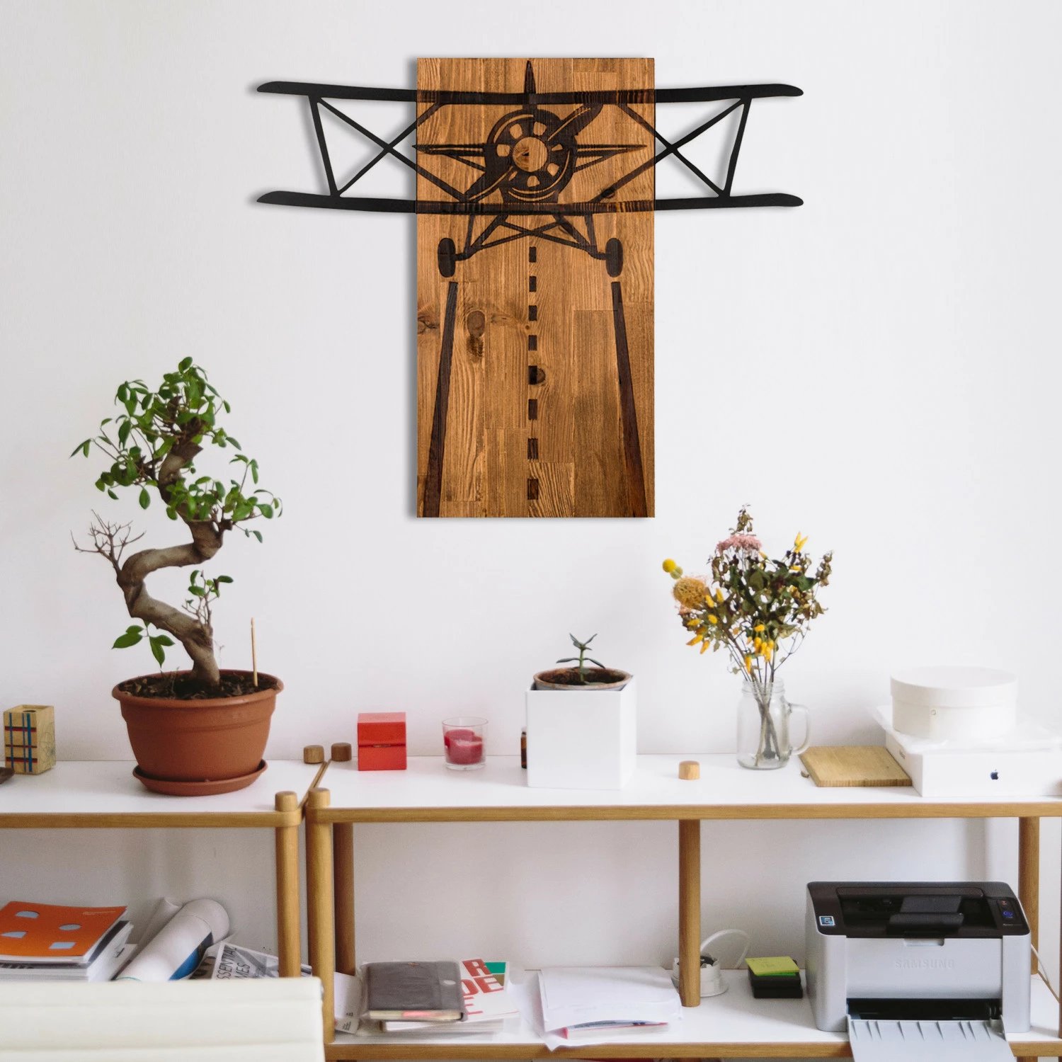 Aksesor dekorativ për mur, dru dhe metal, Wallity, Vecivi, ngjyrë e zezë dhe arre, 68x58cm