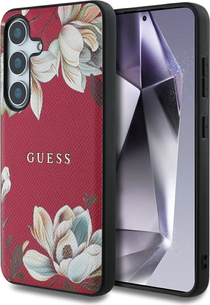 Mbështjellës Guess Grained Printed Flower Pattern MagSafe për Samsung Galaxy S25, Fuchsia
