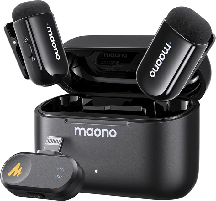 Mikrofon pa tel, Maono WM622 PB2, për iPhone/iPad (Lightning) MFi, reduktim zhurme AI 4 nivele, 48kHz/16bit, distancë 100 m, set me 2 transmetues, e zezë