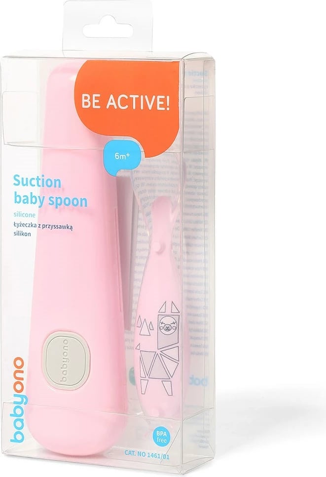 Lugë silikoni me thithëse, Baby Ono, me kuti mbrojtëse, pa BPA, 6m+, rozë, set 1 lugë + kuti