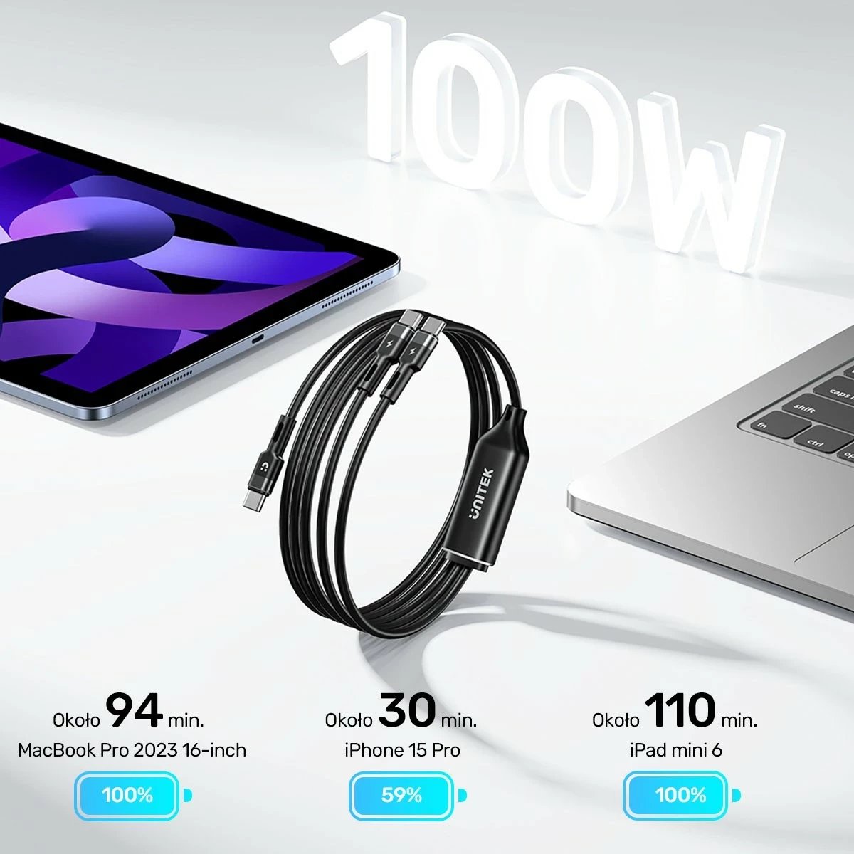 Kabllo Unitek USB-C 2n1 PD 100W silikon 1.8m zi