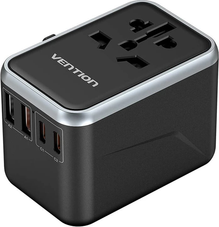 Adapter universal udhëtimi Vention FJFB0, 2x USB-C, 2x USB-A, 65W, zi