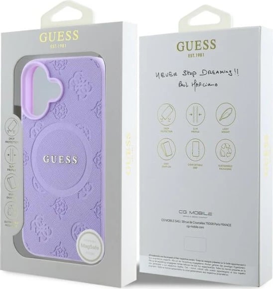 Mbështjellës Guess Saffiano Peony Classic Logo MagSafe për iPhone 16 Plus, vjollcë Mbështjellës Guess Saffiano Peony Classic Logo MagSafe për iPhone 16 Plus, vjollcë