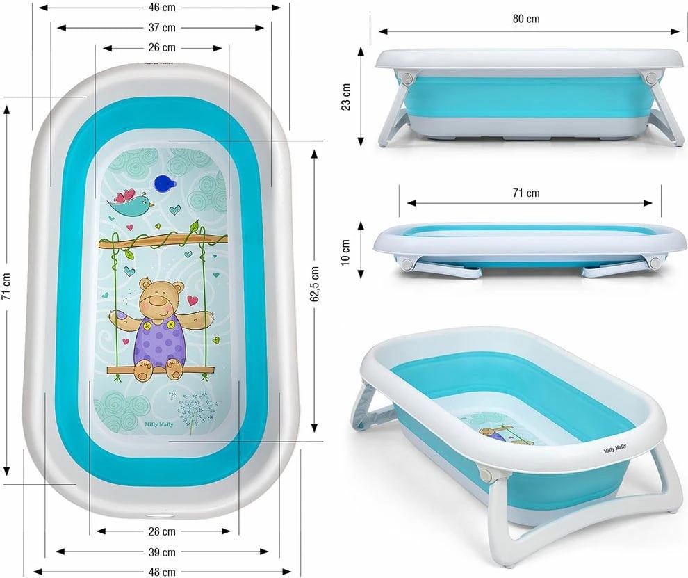 Vaskë bebe palosëse me kullesë, Milly Mally Aqua, termo-tapë sensore, 80x48x23 cm, blu