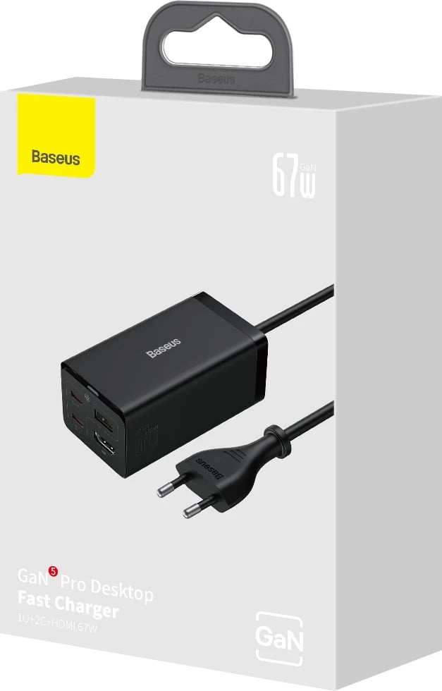 Karikues i shpejtë Baseus GaN5 Pro HUB, CCGP110201, 67W, 2x USB-C, USB-A, HDMI 4K, me kabllo USB-C 1m, i zi