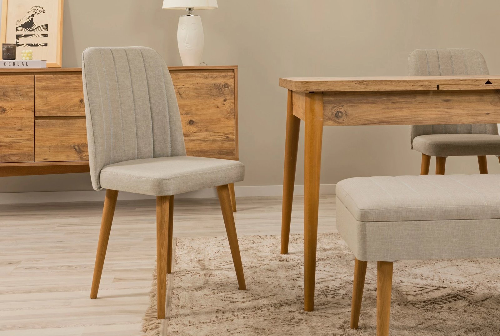 Set tavoline e zgjatshme me karrige dhe konsol (7 pjesë), Skye Decor, Vina 03 1005, ngjyrë pishë atlantike, krem