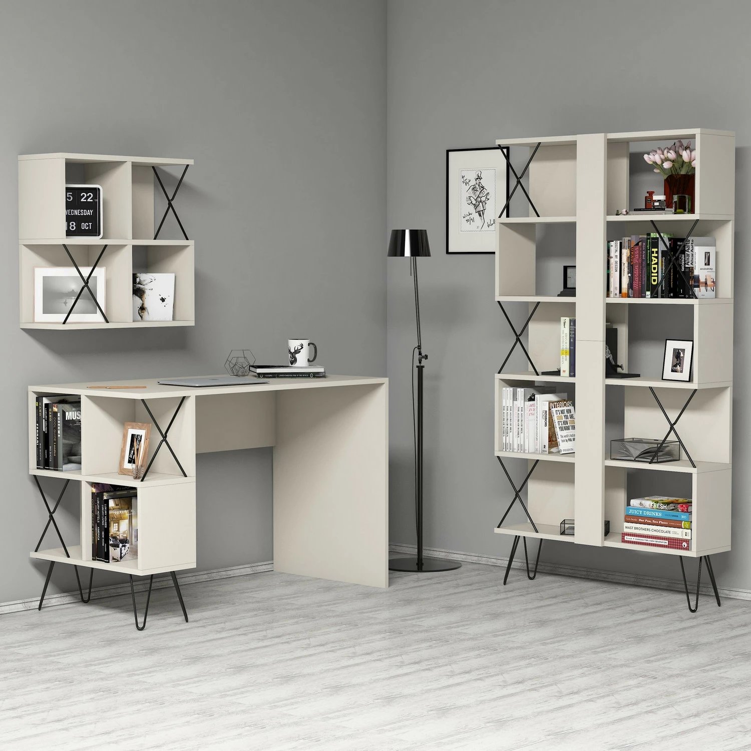 Set tavoline studimi me raft librash Hanah Home, Extra 2, krem