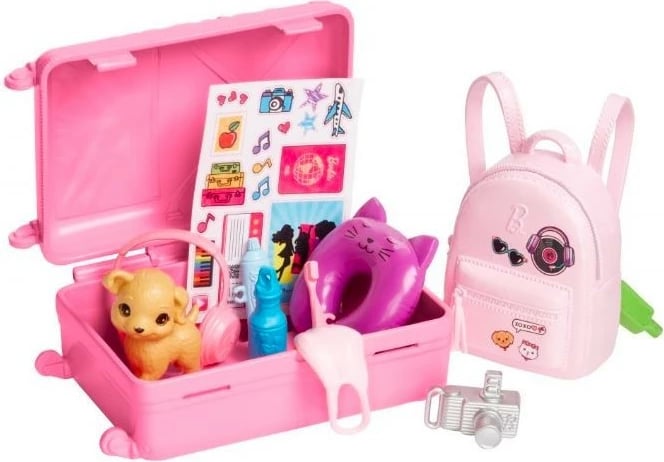 Kukull Barbie Malibu Roberts me aksesorë udhëtimi, Mattel HJY18, me qenush dhe valixhe, Rozë