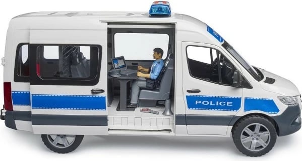 Set policie BRUDER Mercedes-Benz Sprinter BR-02683, shkallë 1:16, me drita/tinguj, me figurë dhe aksesorë, bardhë/blu/zezë