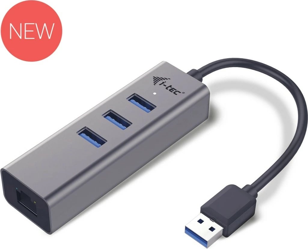Kasë HUB USB 3.0 i-tec U3METALG3HUB me 3 porta + Gigabit Ethernet, Zezë/Gri
