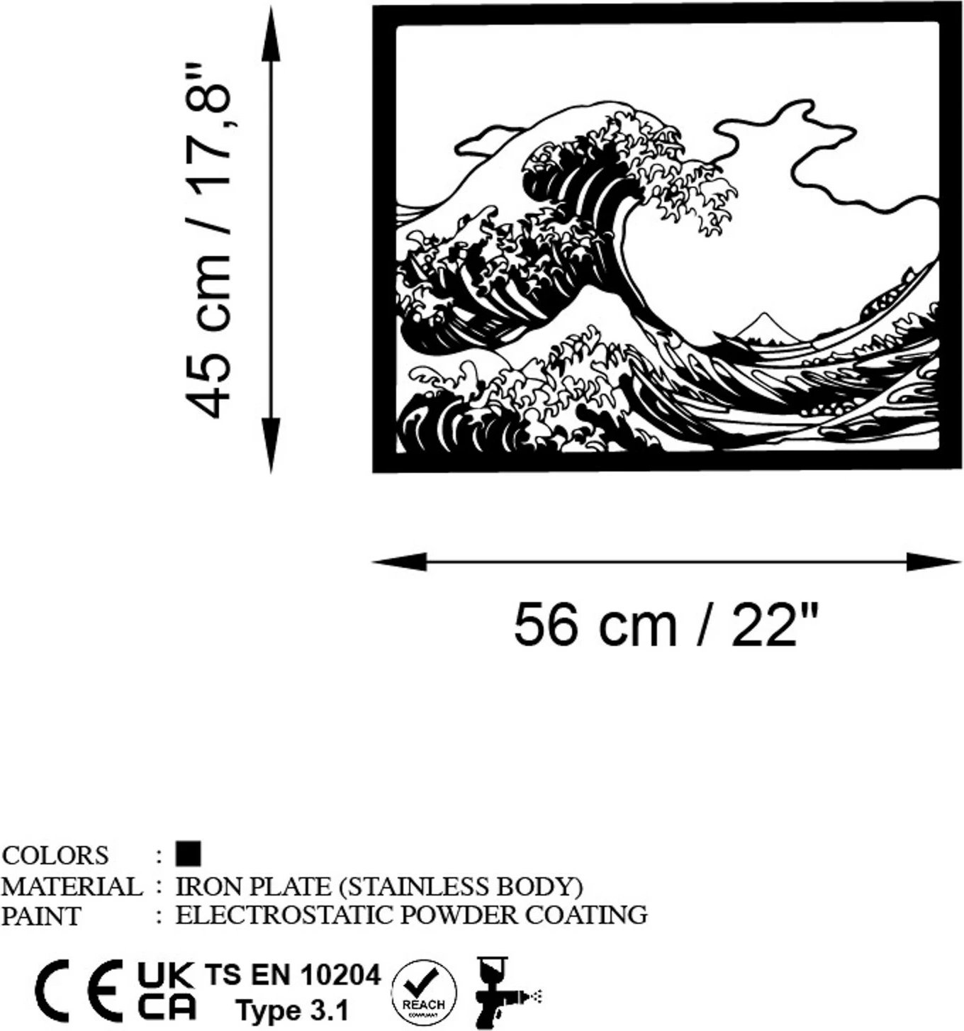 Aksesor dekorativ metalik për mur, Wallity Hokusai, ngjyrë e zezë, 56x45cm