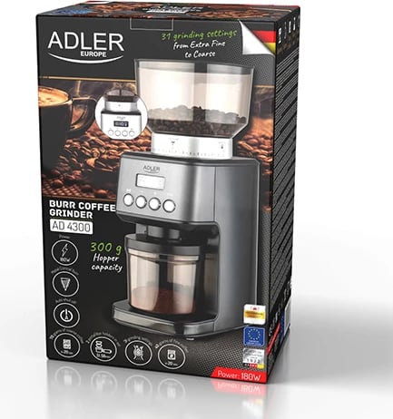 Bluarëse kafe, Adler AD 4300, 31 nivele bluarjeje, hinkë 300 g, 180W Bluarëse kafe, Adler AD 4300, 31 nivele bluarjeje, hinkë 300 g, 180W