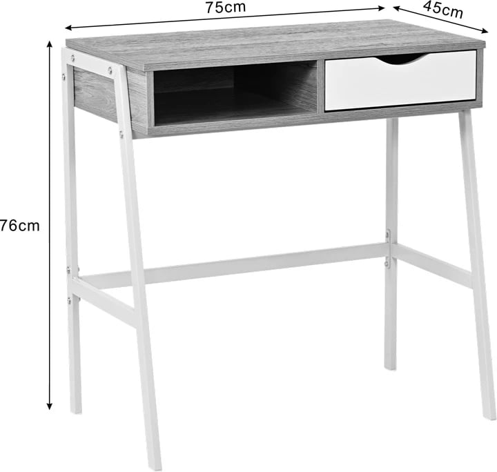 Tavolinë pune me raft dhe sirtar Rezio, ngjyrë lis-e bardhë, këmbë metalike të zeza, 75x45x76cm
