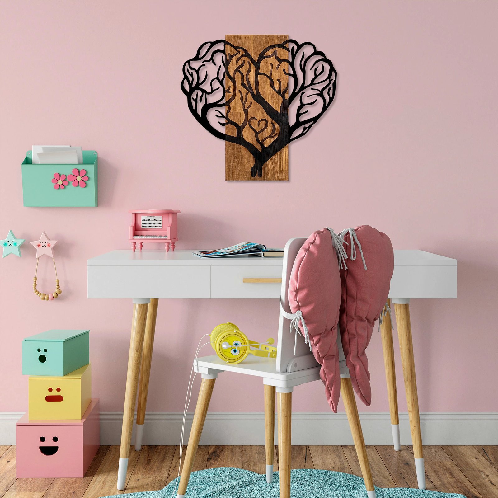 Aksesor dekorativ për mur, dru dhe metal, Brain Tree, ngjyrë arre, 58x62cm