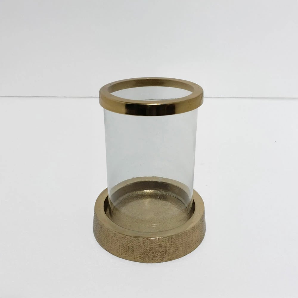 Mbajtës tealight, alumin dhe xham, ngjyrë ari, 14x14x18cm