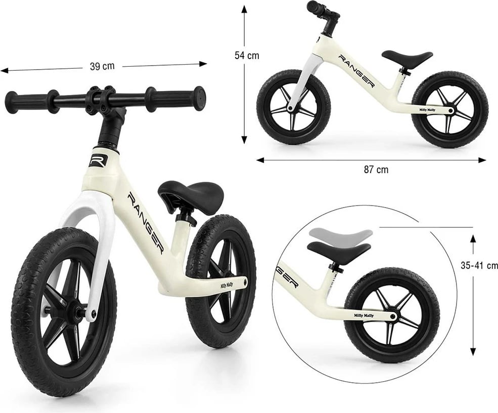 Bicikletë balancuese fëmijësh, Milly Mally Ranger Flash, rrota 12" EVA pa fryrje, kornizë kompozite e lehtë, sedile e rregullueshme, e bardhë