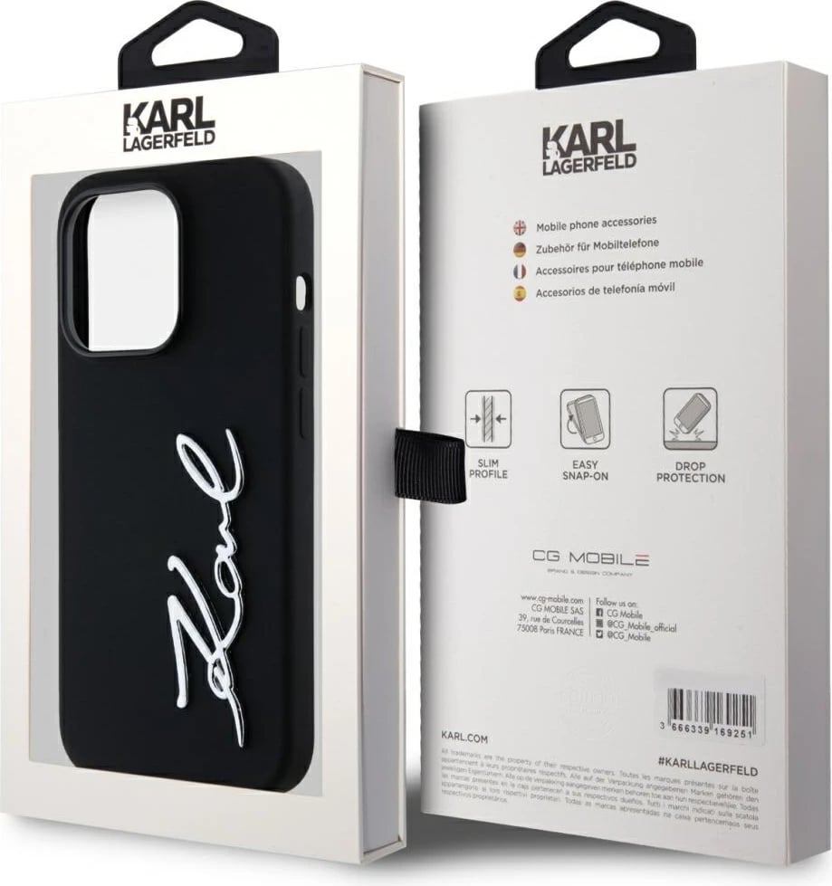 Mbështjellës Karl Lagerfeld Silicone Metal Script Logo për iPhone 14 Pro, i zi