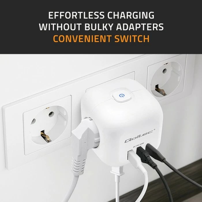 Prizë shumëfunksionale Qoltec 52548, 3x AC, 2x USB, 1x USB-C PD 20W, Bardhë