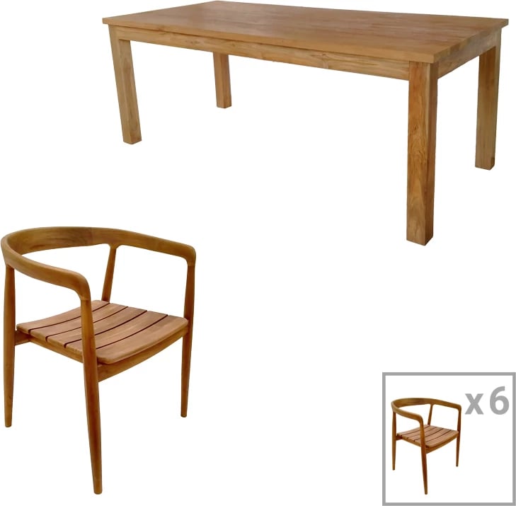 Tavolinë me karrige Noody-Wooly, dru tik, natyrale, 7 copë