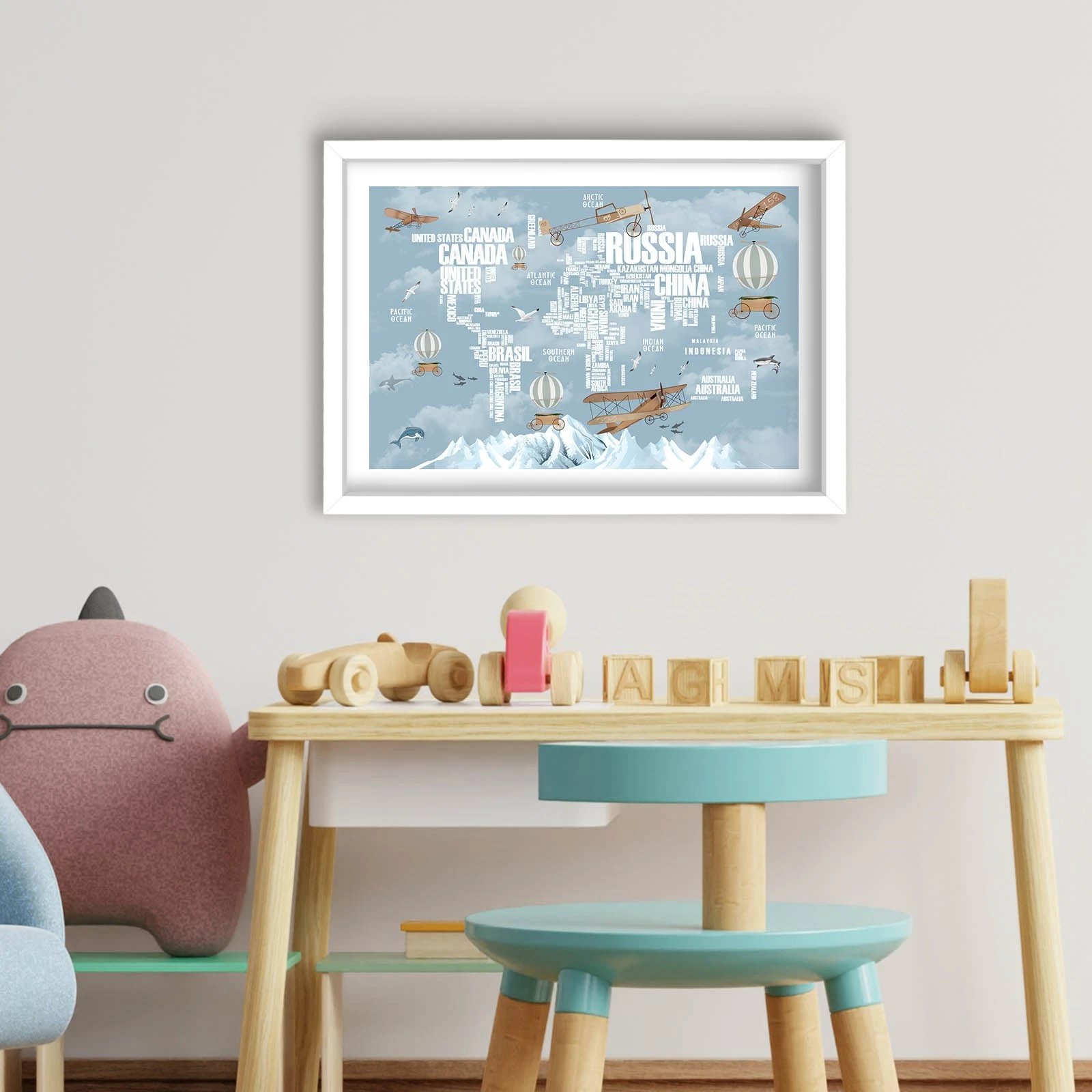 Pikturë dekorative me kornizë MDF, ngjyrë kaltër dhe bardhë, 38x53cm