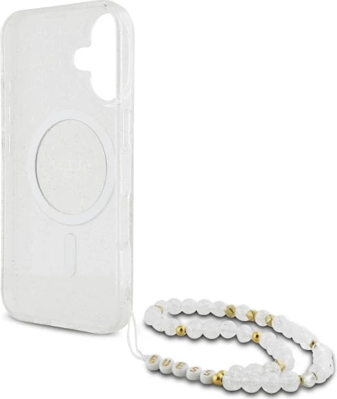 Mbështjellës Guess IML Glitter me rrip perlash MagSafe për iPhone 16 Plus, Transparent