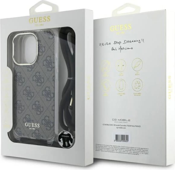 Mbështjellës Guess Crossbody Cord 4G Print për iPhone 16 Pro, Kafe