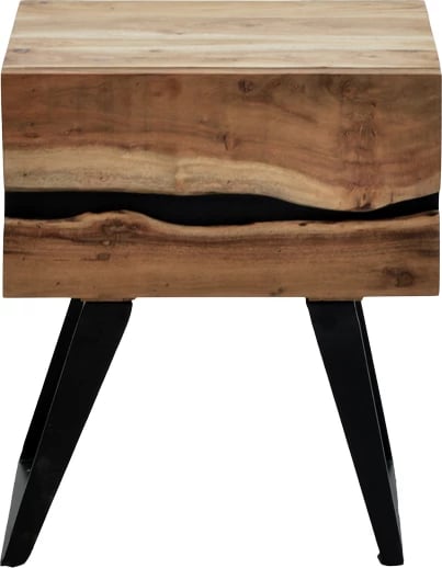 Komodinë anës krevati Imena, dru akacie natyrale, këmbë metalike të zeza, 45x35x56cm