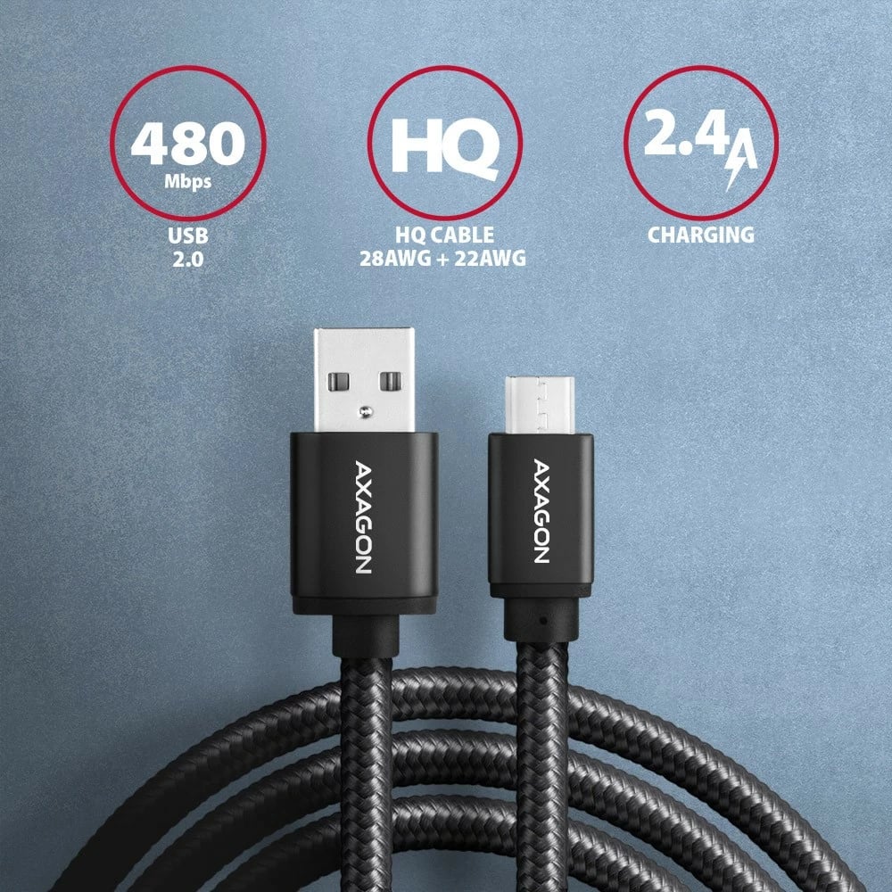 Kabllo Micro USB AXAGON BUMM-AM20AB, 2m, USB 2.0, 2.4A, e zezë, najlon