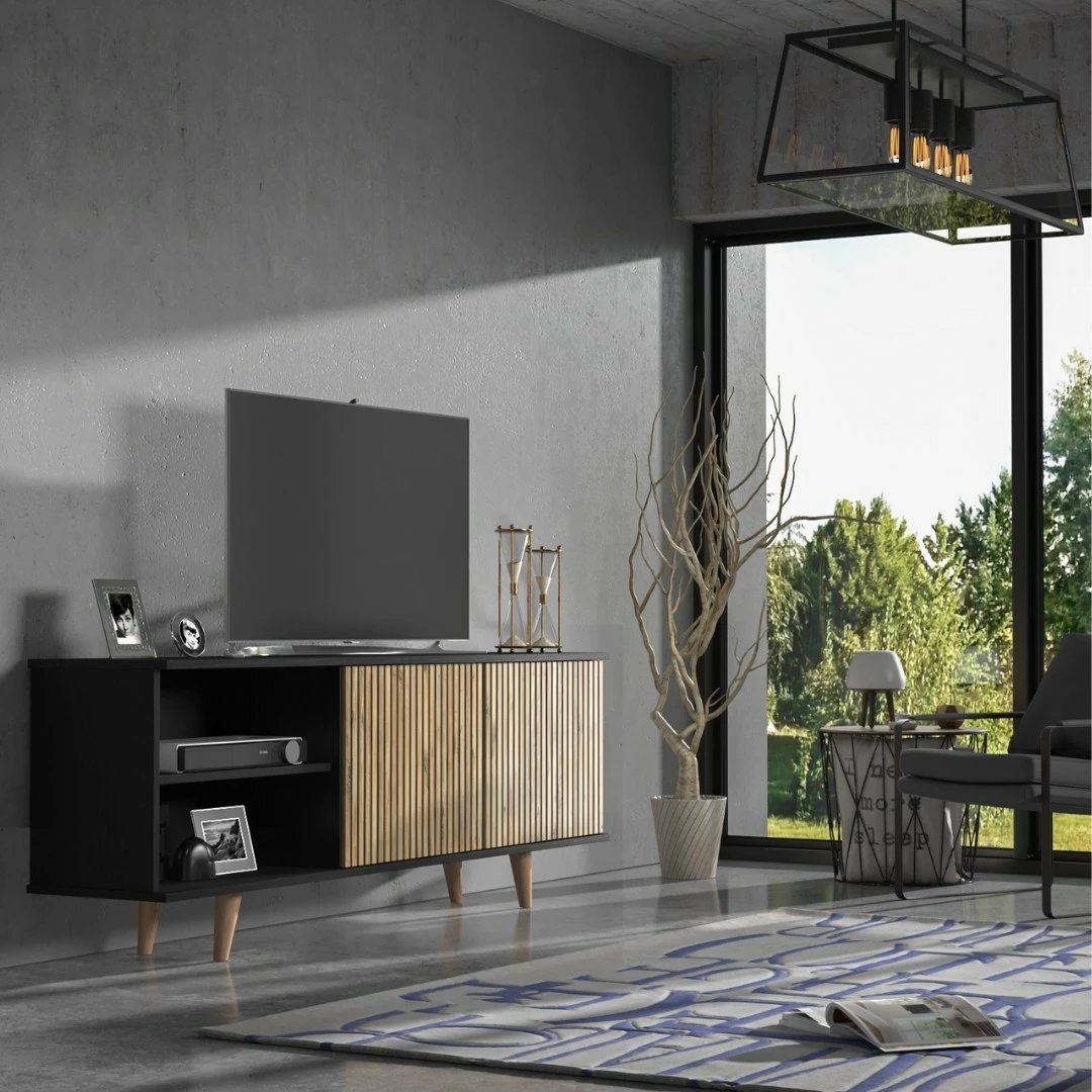 Komodë TV Hanah Home, FRN-9002-3, ngjyrë druri, e zezë, Atlantic Pine, 180x64x35cm