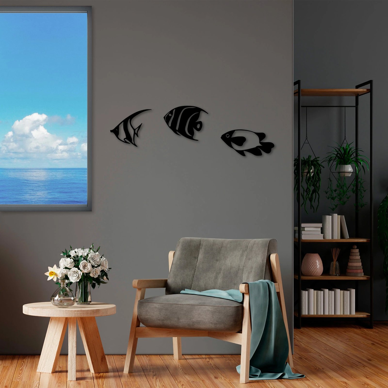 Aksesor dekorativ metalik për mur, Wallity, peshq, 3 copë