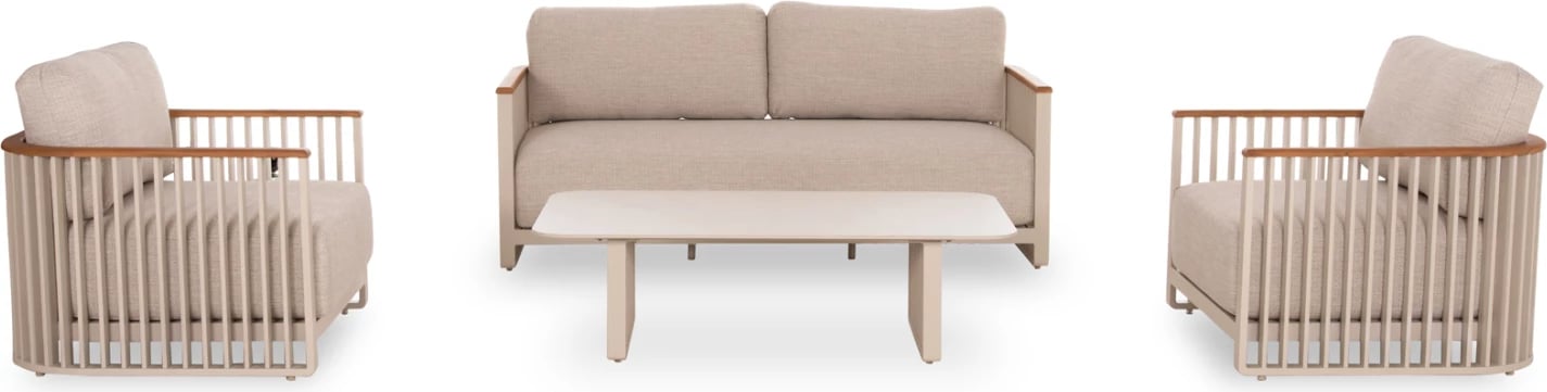 Set salloni për jashtë, 4 pjesë, kornizë alumini, ngjyrë krem, jastëkë bezhë, mbështetëse teak, tavolinë me sipërfaqe guri të sinterizuar, Candeo ETERNITY