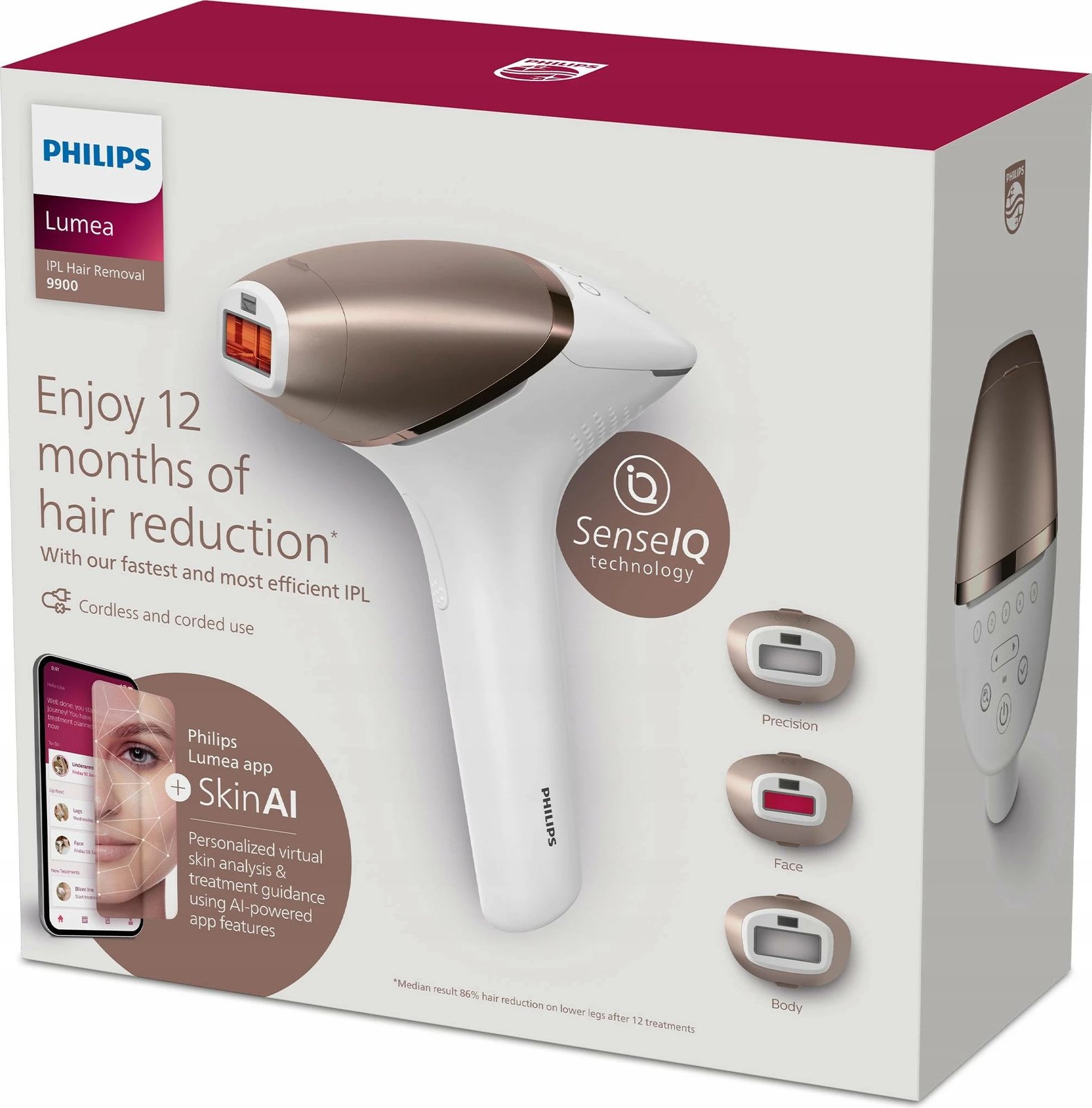 Epilator IPL, Philips, Lumea BRI973/00 SenseIQ, 450,000 pulsime drite, pa kabllo, 3 koka, me aplikacion SkinAI