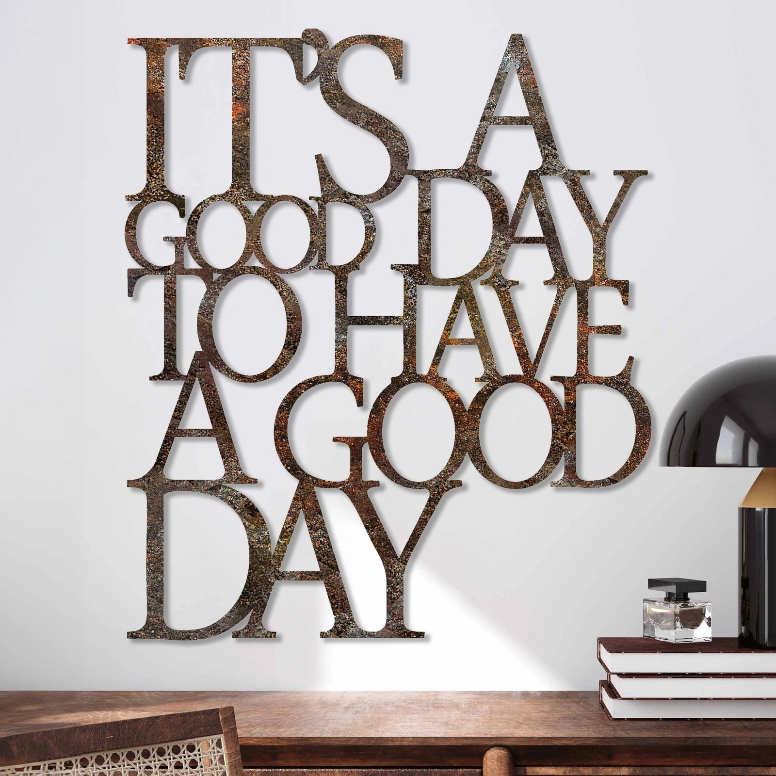 Aksesor dekorativ metalik për mur Wallity, ngjyrë antike, Have a Good Day