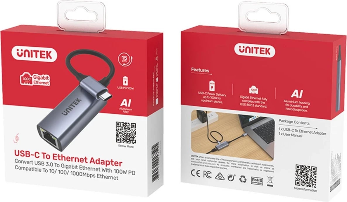 Adapter Unitek USB-C në RJ45 1Gbit LAN, PD 100W Adapter Unitek USB-C në RJ45 1Gbit LAN, PD 100W