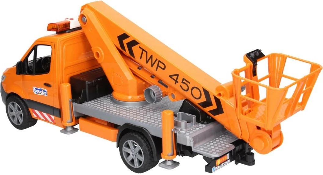 Lodër kamion me platformë ajrore, BRUDER Mercedes-Benz Sprinter BR-02679, shkallë 1:16, krah ngritës 70 cm, modul dritë-tingull, portokalli