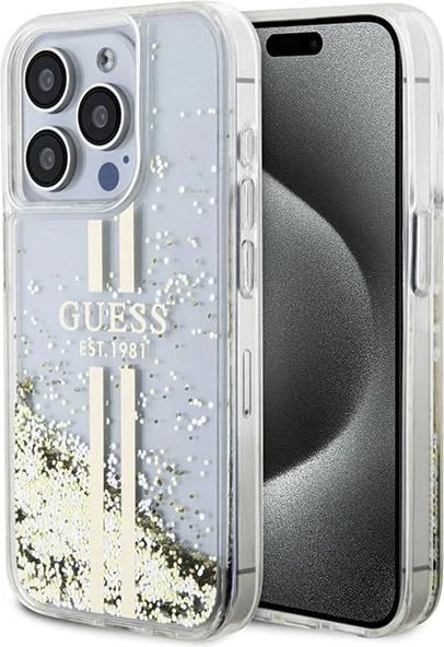 Mbështjellës Guess Liquid Glitter Gold Stripes për iPhone 15 Pro, Transparent