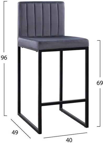 Karrige për bar Piper, kadife gri & kornizë metalike e zezë, FH8525.01, 40x49x96 cm, set prej 2 copë