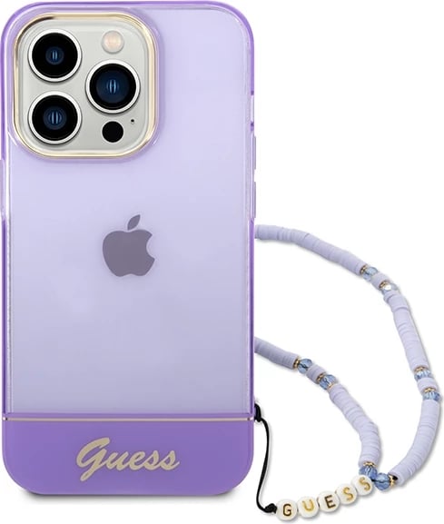 Mbështjellës Guess GUHCP14XHGCOHU për iPhone 14 Pro Max 6.7", Translucent Pearl Strap, vjollcë
