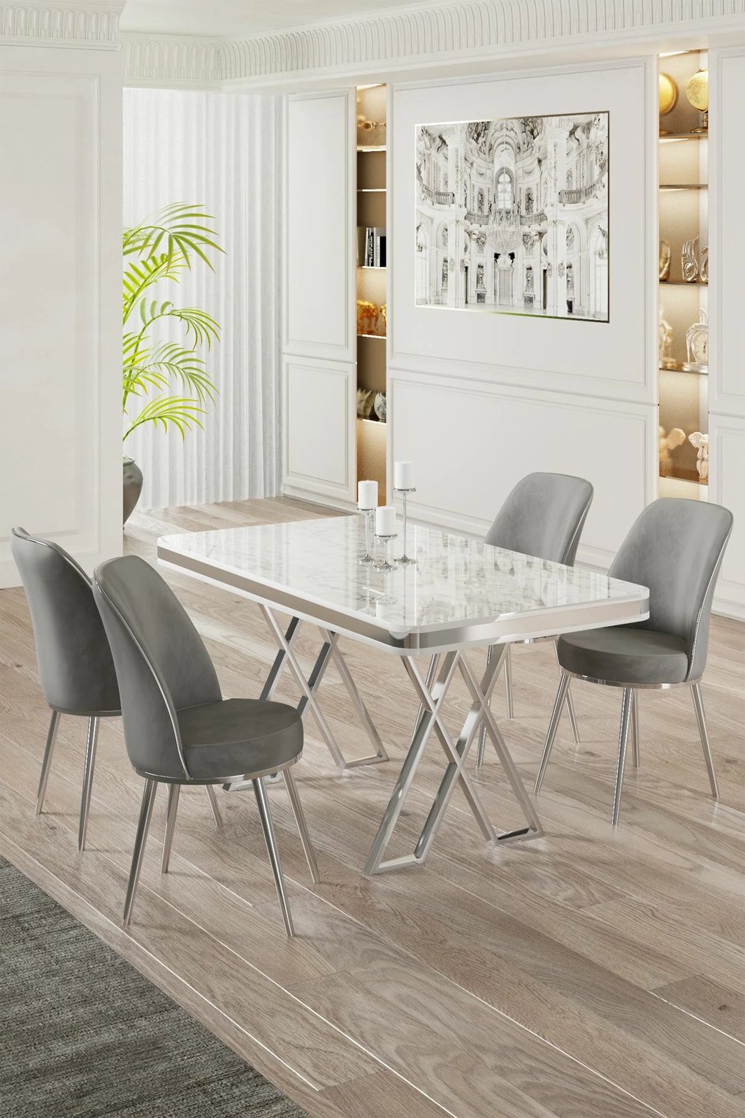 Tavolinë me karrige, 5 copë, Skye Decor, Vals, e bardhë, krom, gri