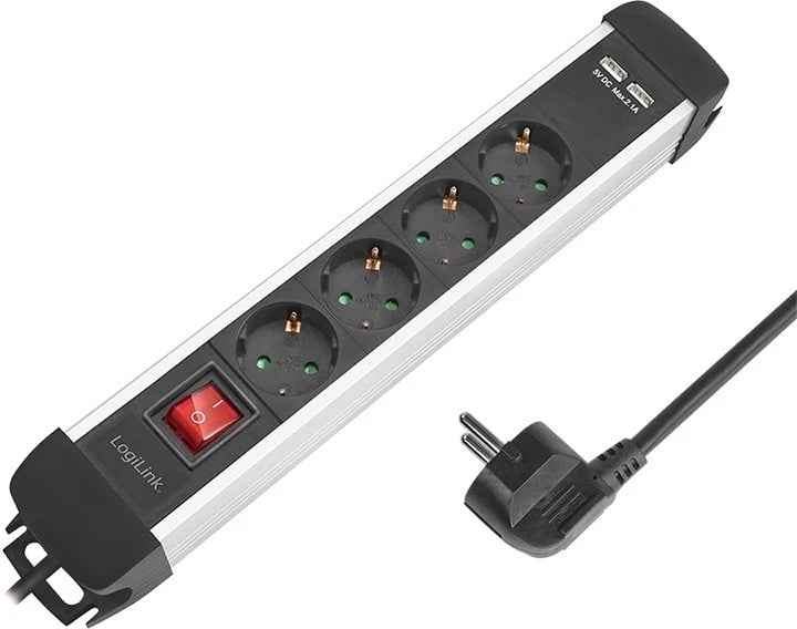 Kabllo vazhduese Logilink, 4 priza, 1,5 m, e zezë / argjendi