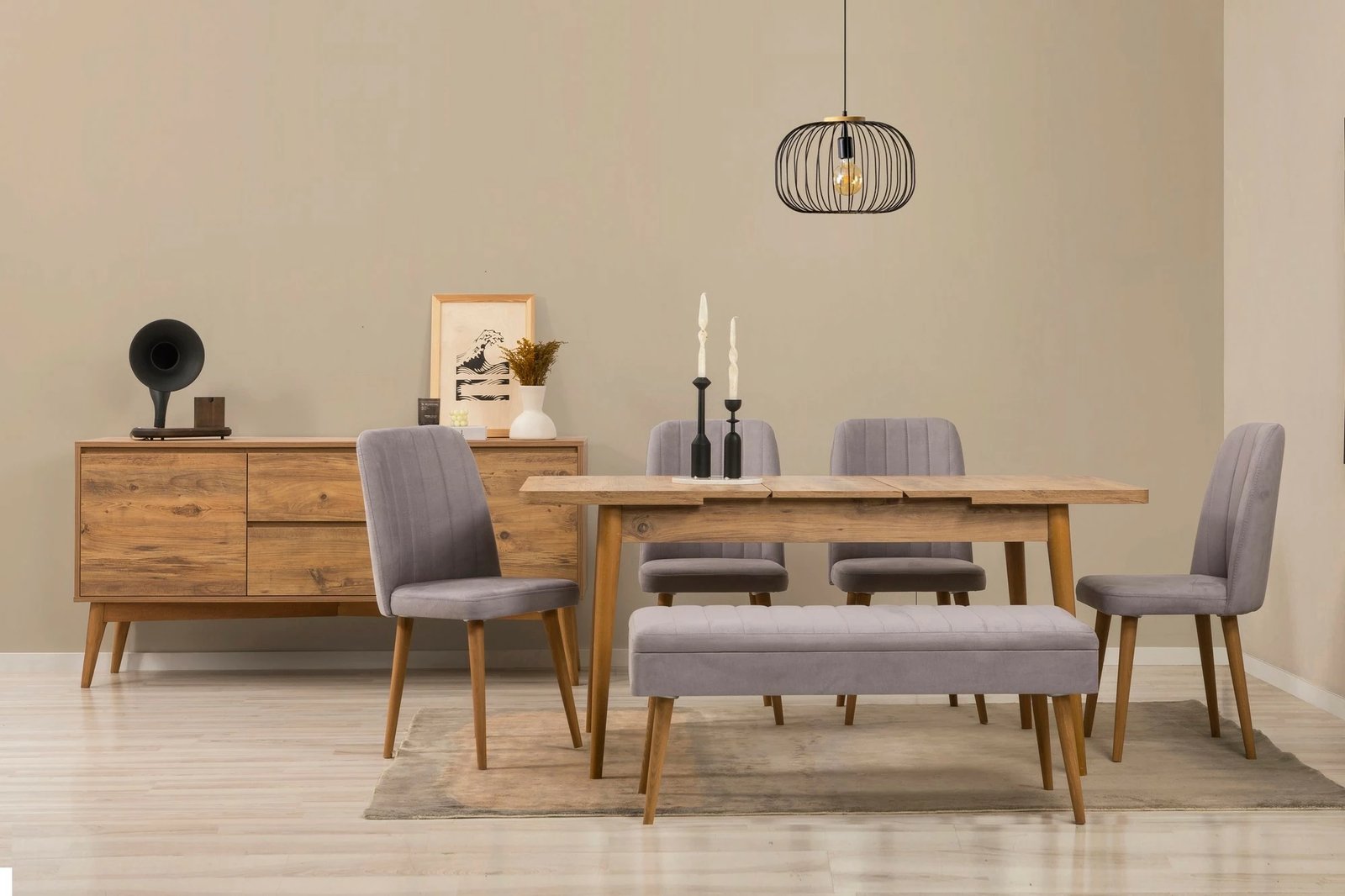 Set tavoline me karrige, konsolë, i zgjatshëm, 7 pjesë, Skye Decor, Vina 03 0701, ngjyrë Atlantic Pine, gri