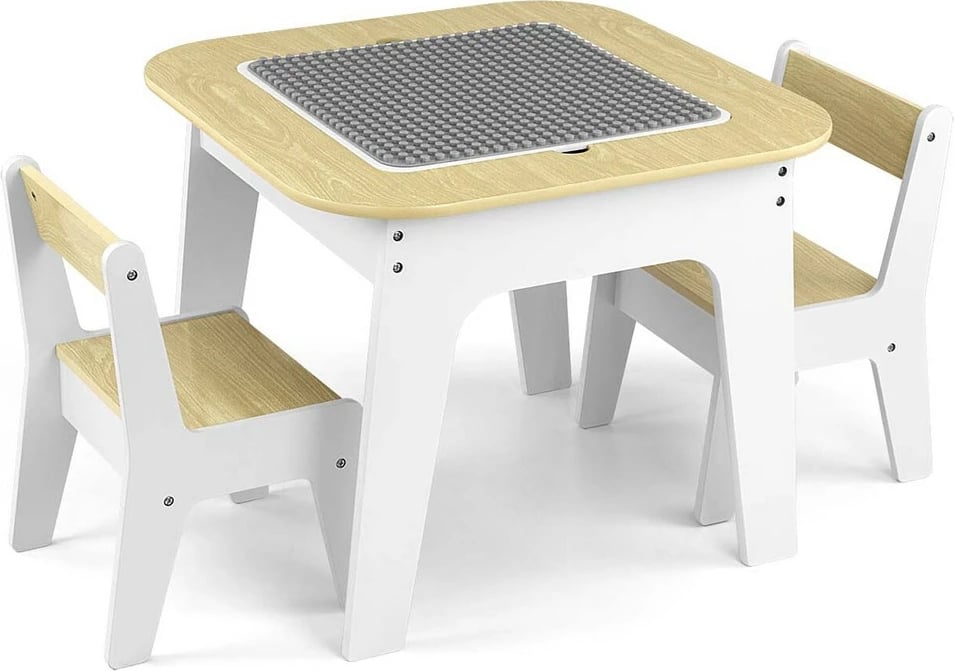 Set tavolinë + 2 karrige fëmijësh, Milly Mally Olaf Blocks, sipërfaqe e kthyeshme me dërrasë shkumësi dhe hapësirë ruajtjeje, MDF, 2–5 vjeç, e bardhë