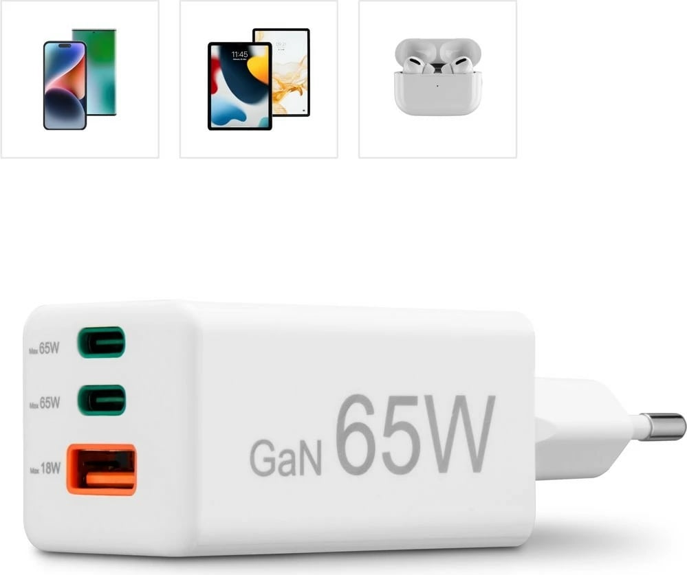 Karikues muri, Hama, 201996, GaN 65W PD/QC, 2x USB-C + 1x USB-A, i bardhë