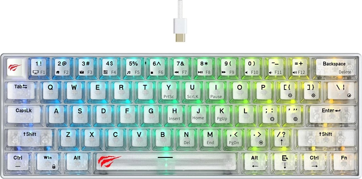 Tastierë gaming HAVIT KB903L, 61 tasta, RGB LED, me kabllo, e bardhë transparente