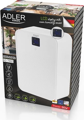 Largues lagështie termo-elektrik, Adler AD 7860, 500ml/24h, depozitë 1L, zonë deri 30 m3, ekran LED, i bardhë