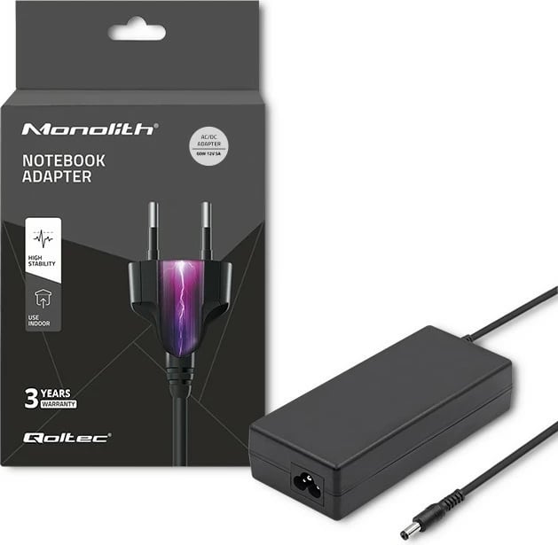 Adapter rryme Qoltec 50797, 60W, 12V, 5A, 5.5x2.1mm, me kabllo, i zi