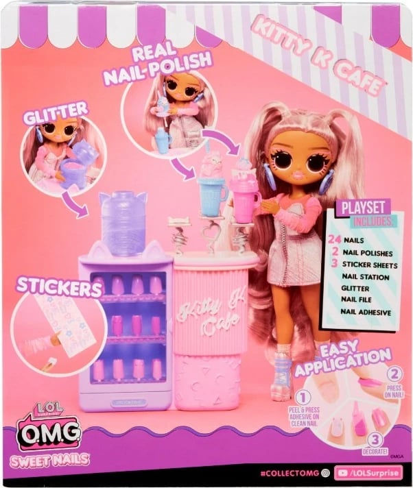 Set lodrash L.O.L. Surprise OMG Sweet Nails Kitty K Cafe me kukull dhe aksesorë për thonj, rozë