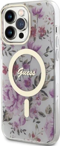 Mbështjellës Guess GUHMP14LHCFWST për iPhone 14 Pro 6.1", transparent, Flower MagSafe