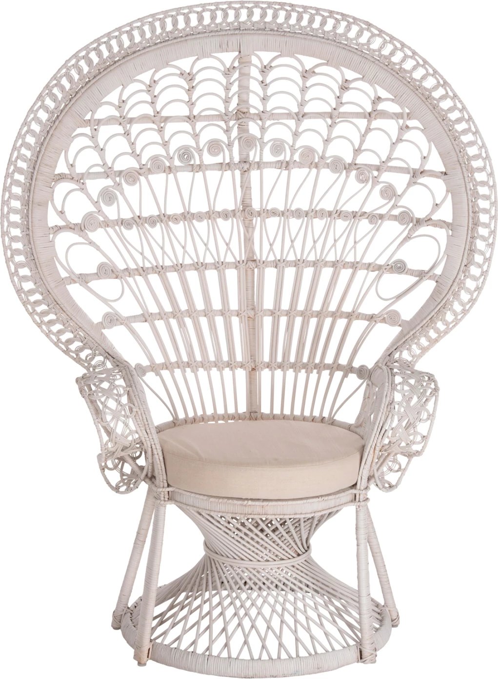 Fotelja ROYAL PEACOCK FH9342.02, ratan, ngjyrë e bardhë, jastëk i bardhë, 114x72x150Hcm